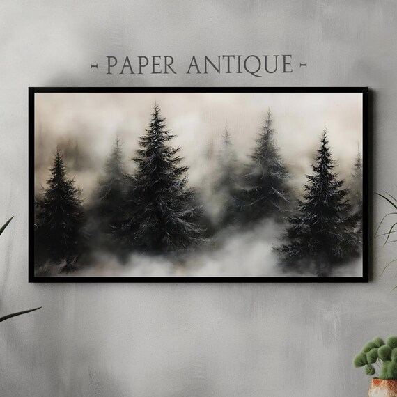 Frame Tv Art Misty Forest With Snow Covered Trees Moody Winter Landscape Painting Minimalist Woodland Scene Art For Frame Tv