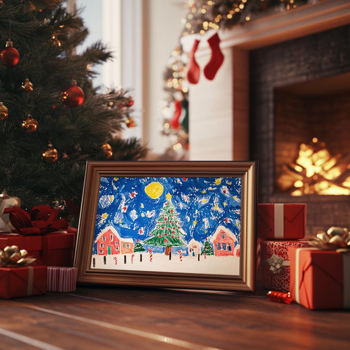 Kids Crayon Drawing Christmas Village Tree Candy Canes Night Poster - Image 3