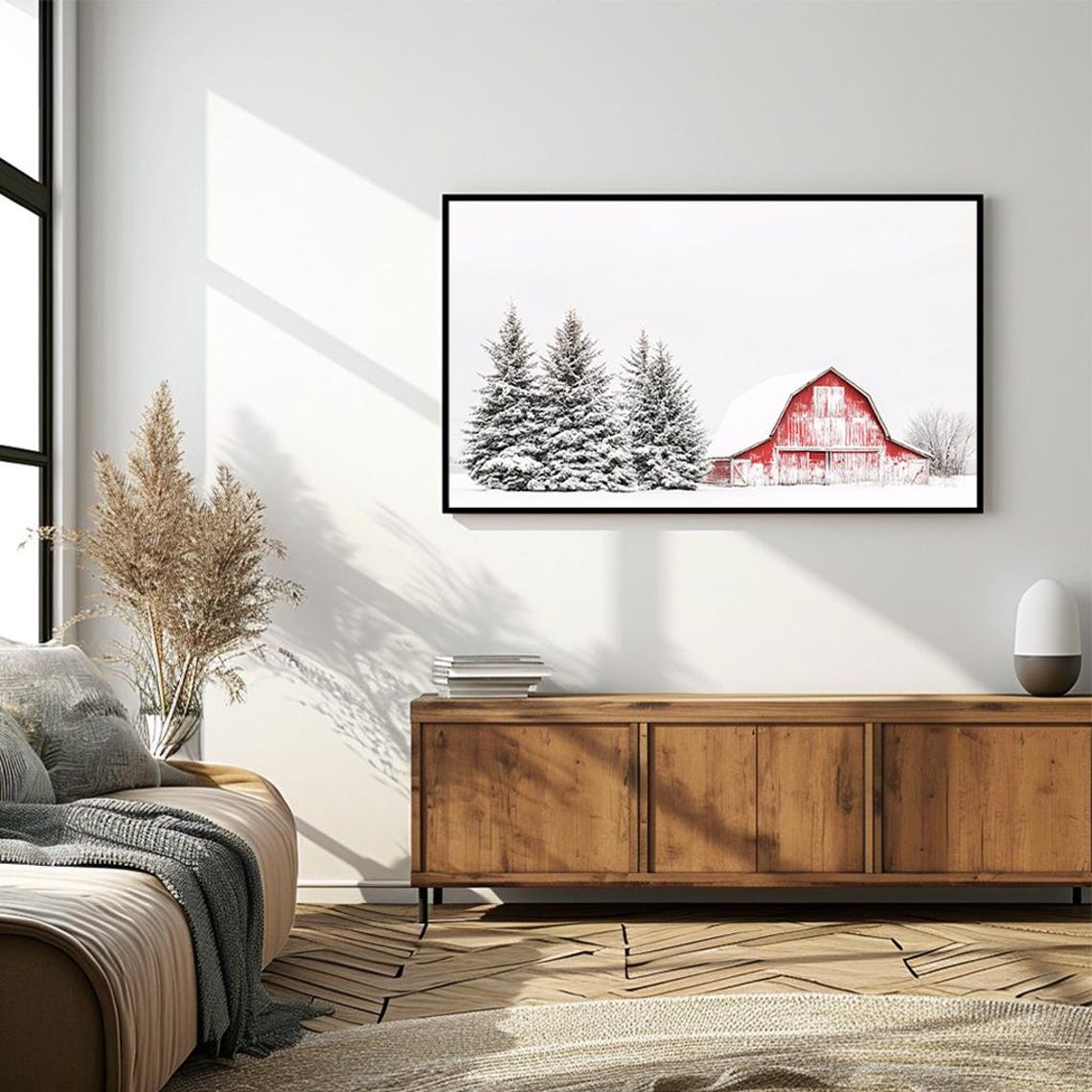 Snowy Red Barn With Evergreen Trees Bright Winter Panorama Poster - Image 4
