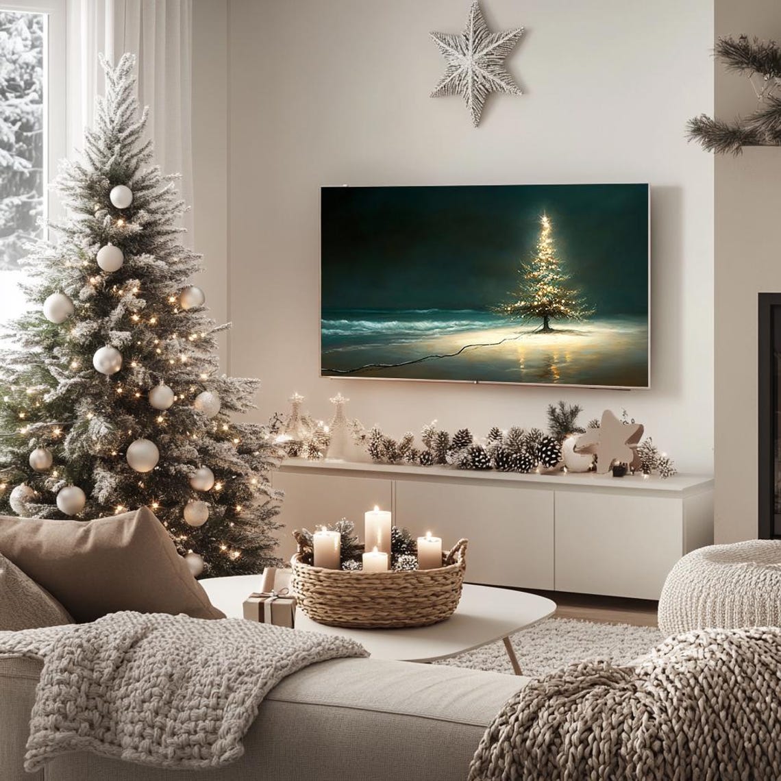 Lit Christmas Tree On Night Beach Ocean Waves Magical Holiday Poster - Image 5
