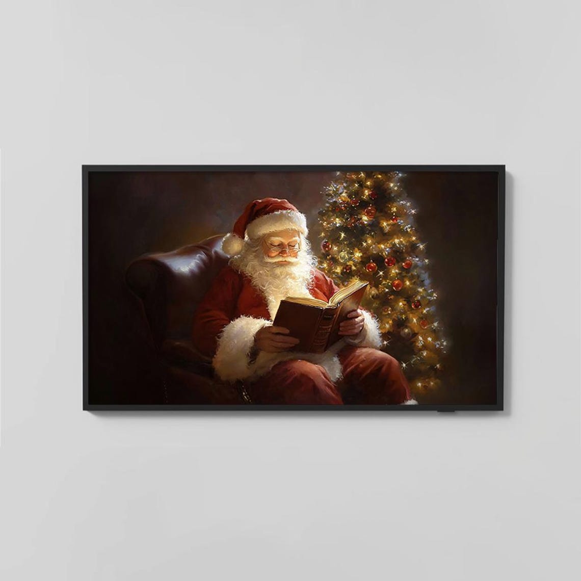 Santa Claus Reading By Christmas Tree In Leather Chair Holiday Poster - Image 2