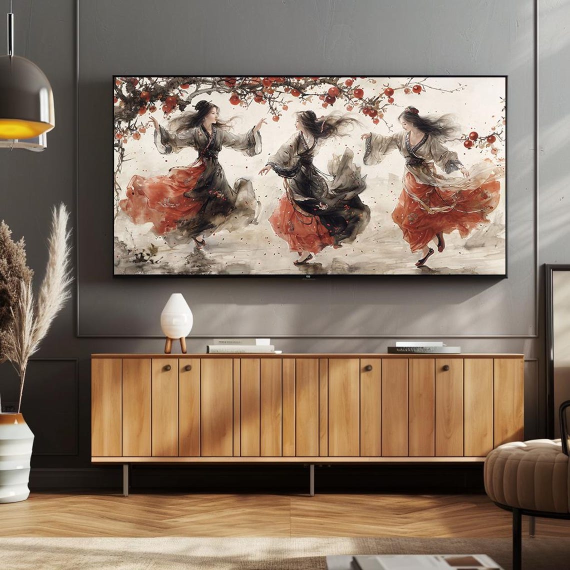 Dancing Women Ink Wash Painting under Red Fruit Branch Poster - Image 2