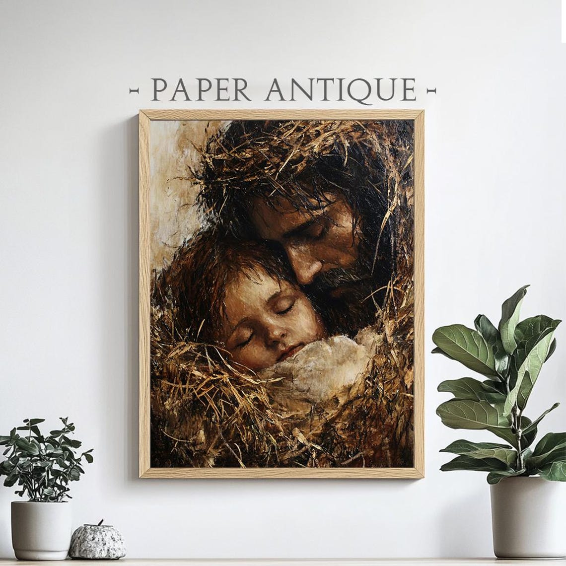 Saint Joseph Holding Baby Jesus Sleeping in the Manger Painting Poster