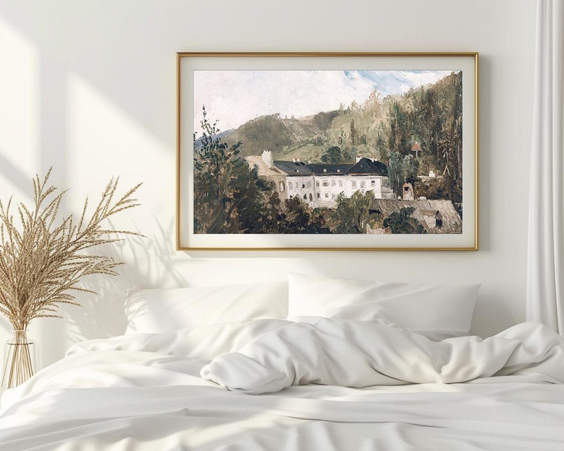 White Manor House Green Hills Trees Vintage European Style Poster - Image 2