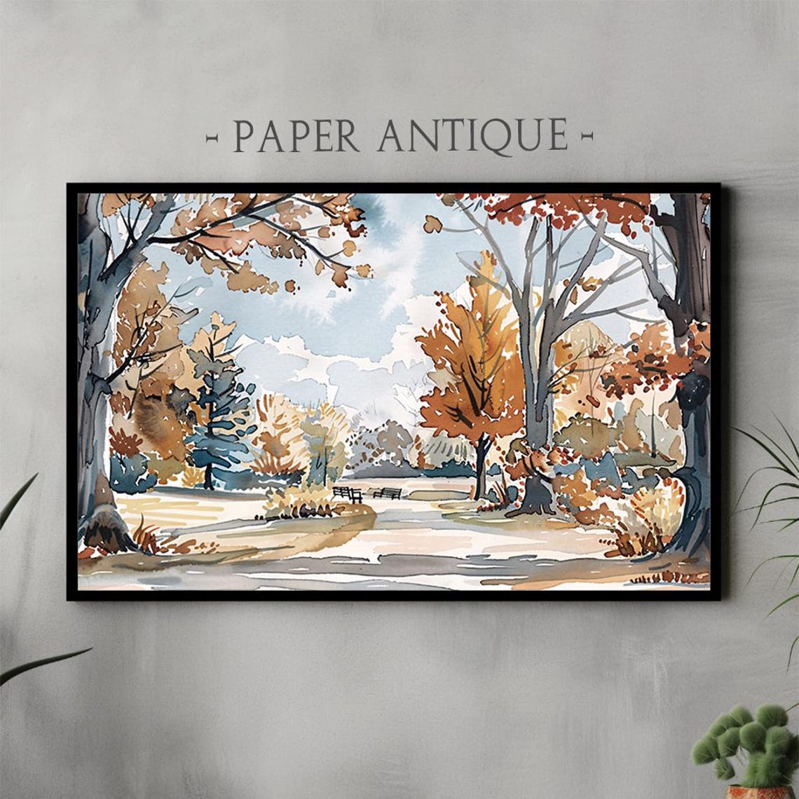 Autumn Park Watercolor with Benches Golden Trees Scene Poster