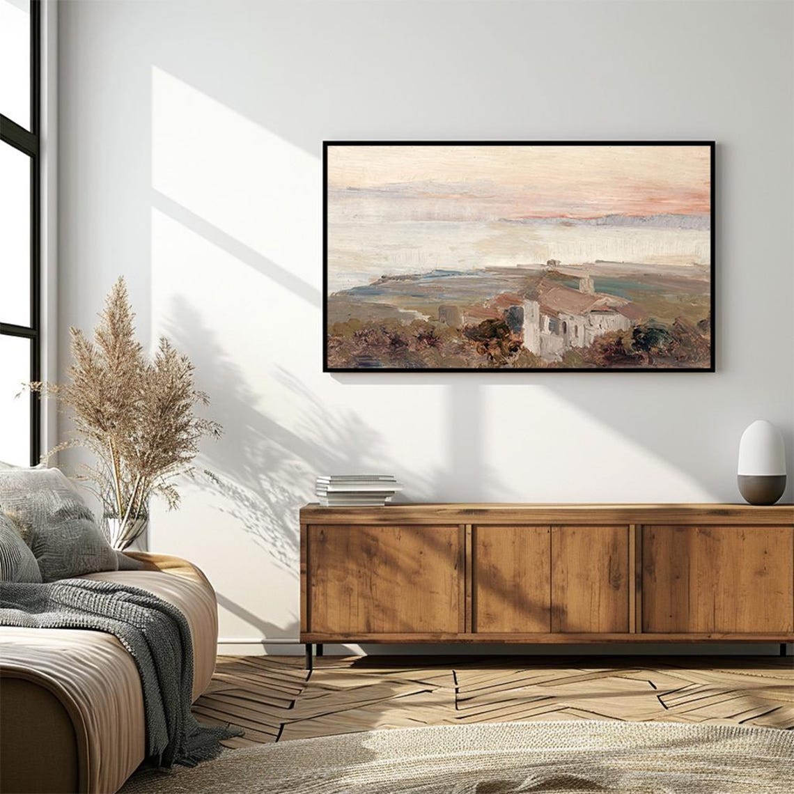 Blush Sunset Sky Village Hills Vintage Pastel Landscape Poster - Image 4
