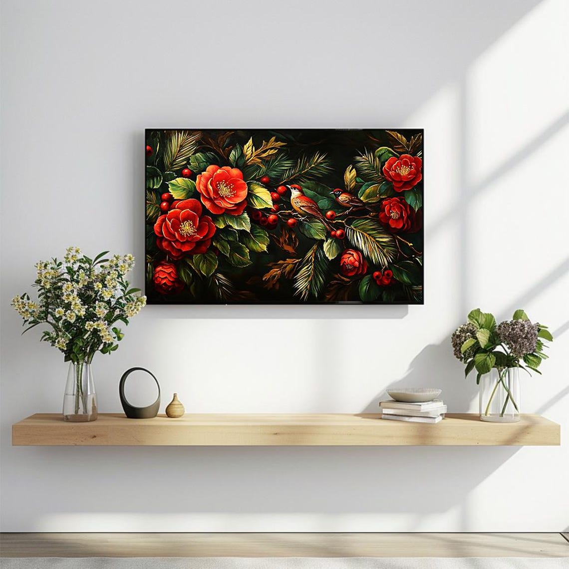 Red Camellias With Songbirds Moody Floral Panorama Painting Poster - Image 2