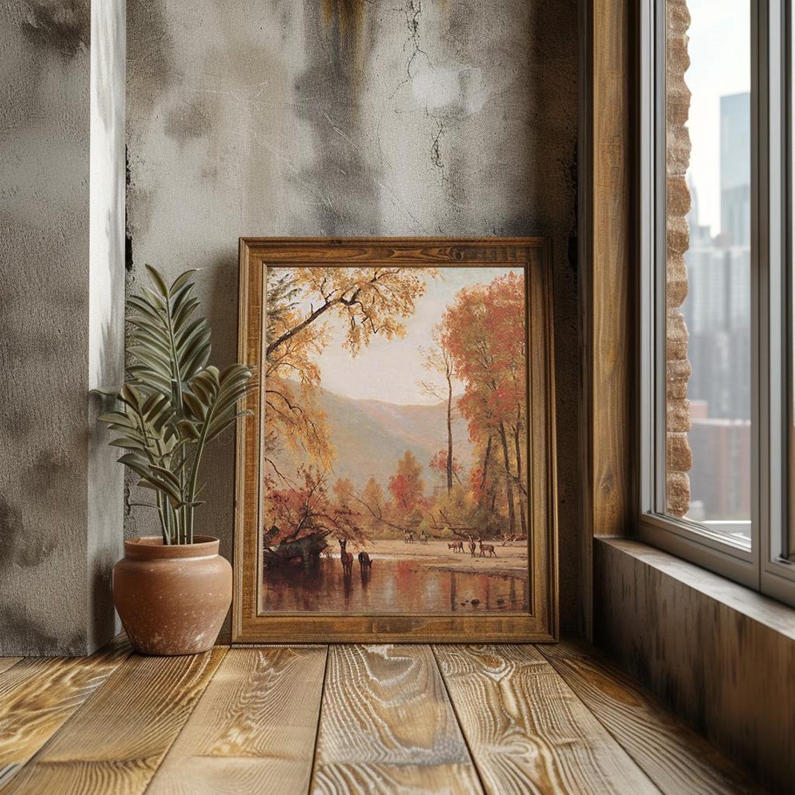 Deer Drinking At Autumn River Golden Fall Forest Wildlife Poster - Image 3