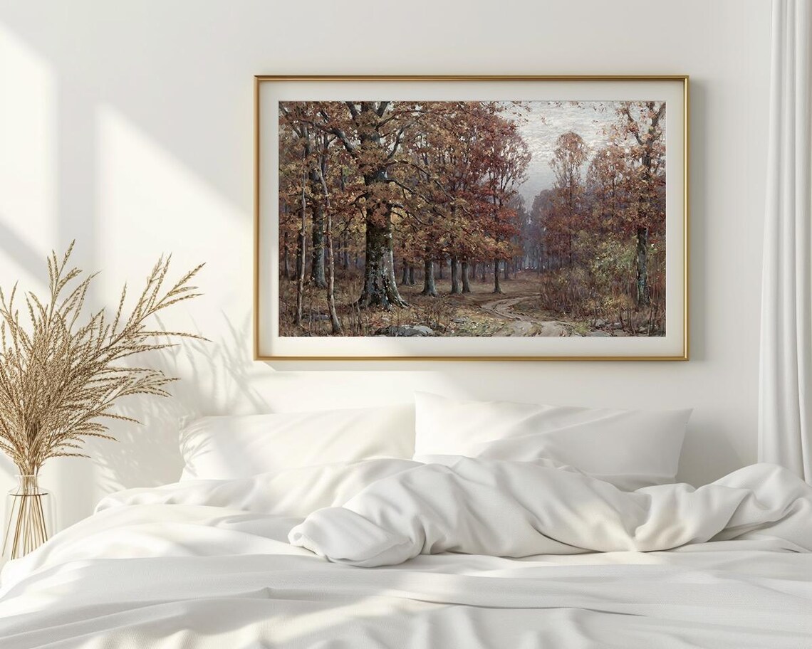 Autumn Forest Path Tall Trees Dirt Road Golden Woodland Painting Poster - Image 2