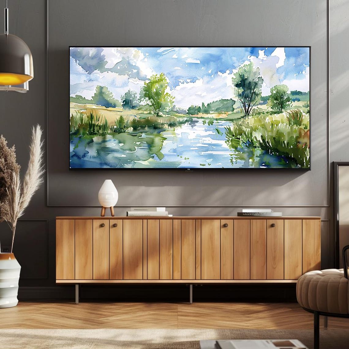 Bright Sunlit River with Lush Green Banks Watercolor Spring Poster - Image 2