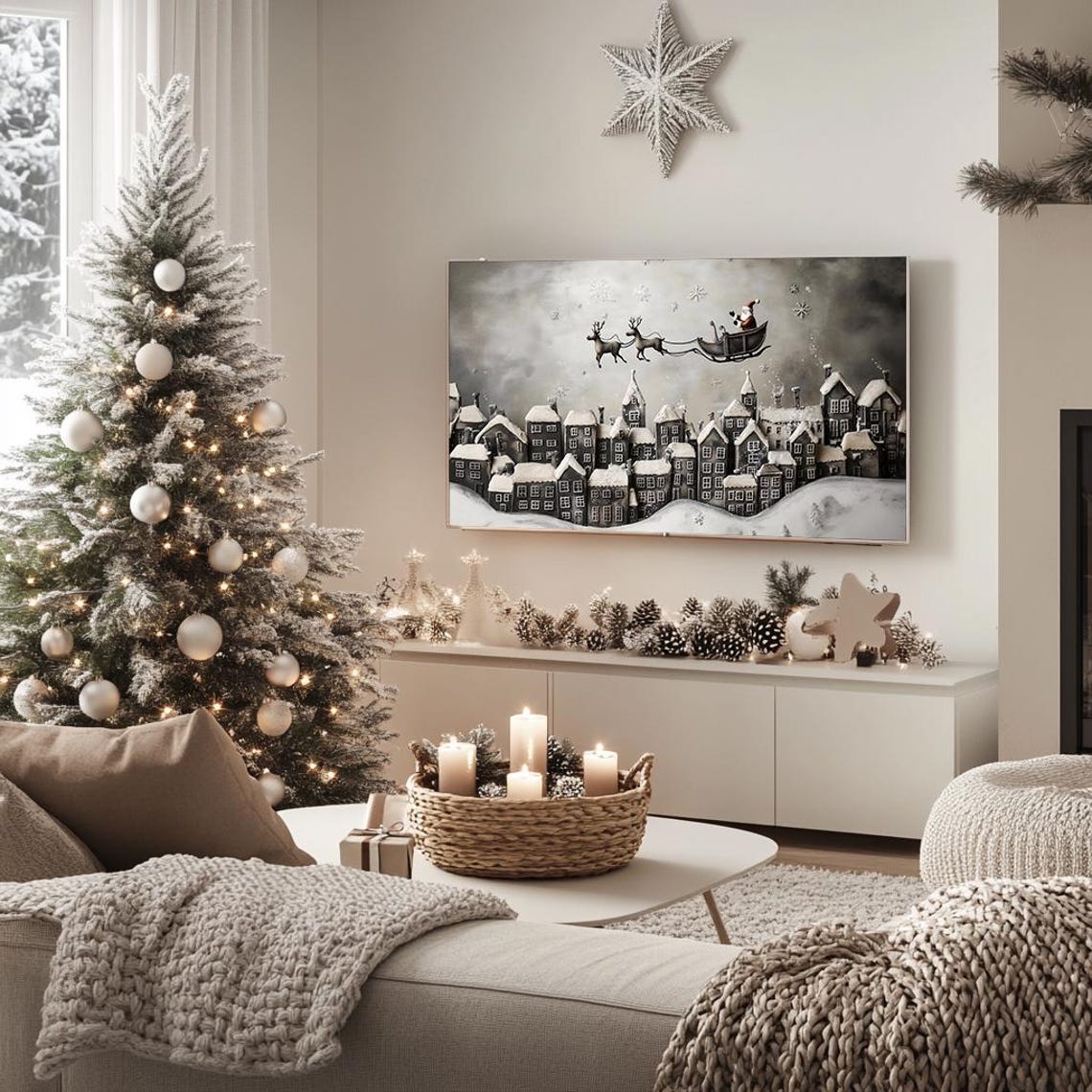 Santa Sleigh Flying Over Snowy Village Whimsical Night Art Poster - Image 5