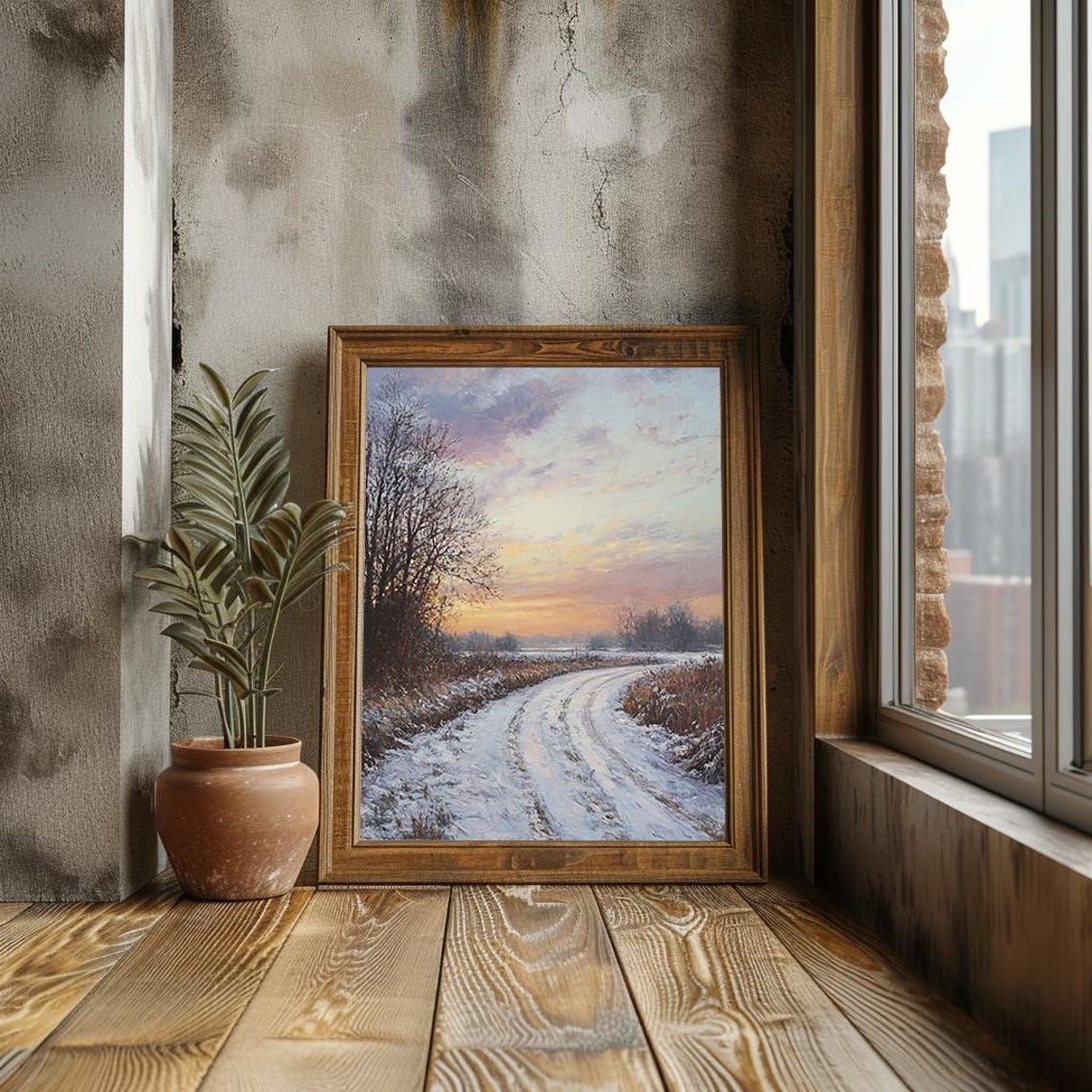 Snowy Country Road Winter Sunset Golden Sky Landscape Poster - Image 3