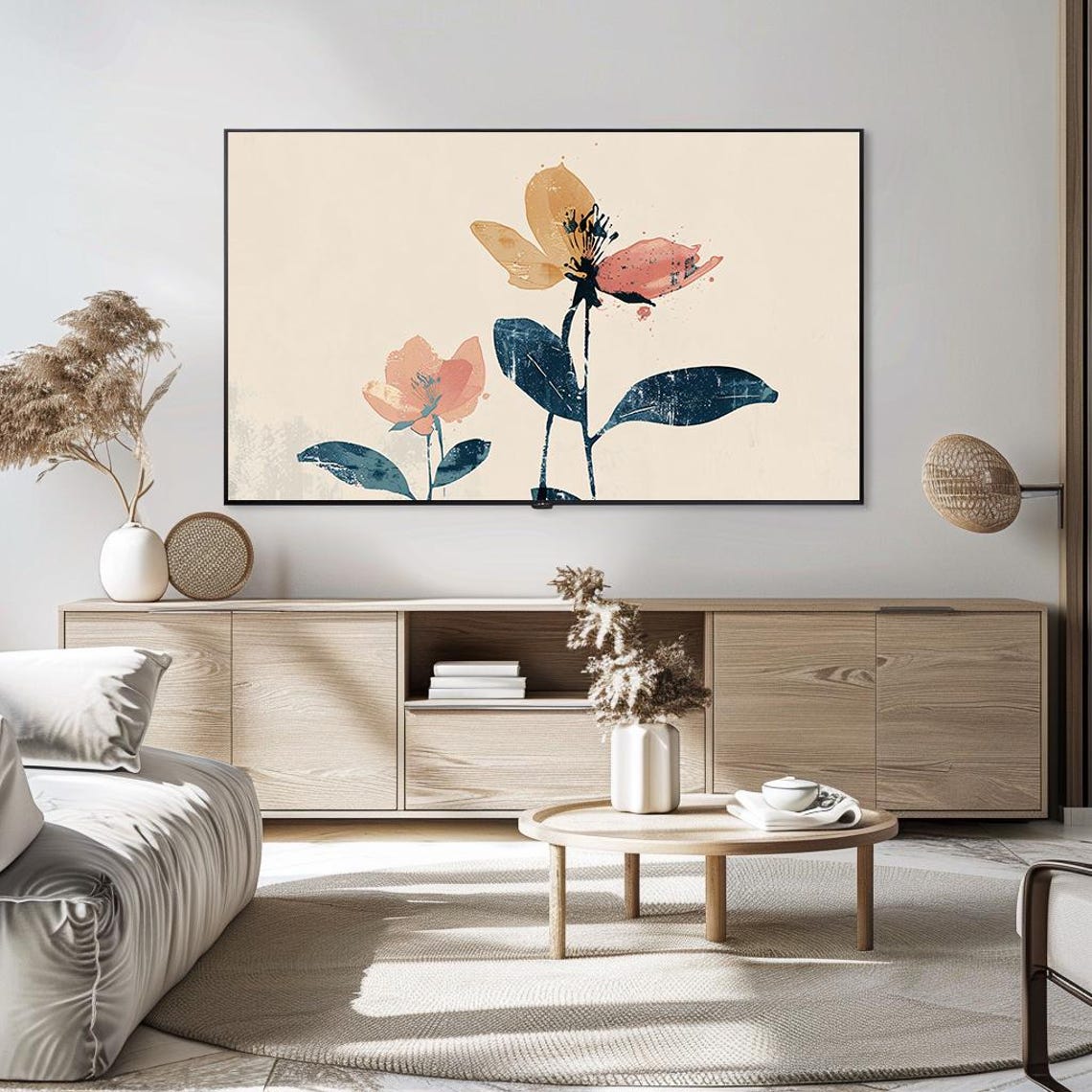 Modern Minimalist Floral Two Stylized Flowers Navy Leaves Poster - Image 5