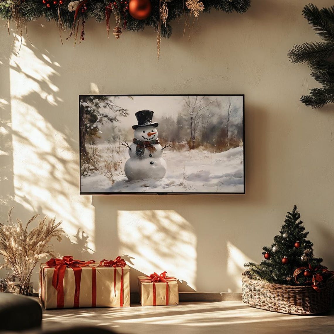 Cheerful Snowman With Top Hat Snowy Woodland Winter Scene Poster - Image 3
