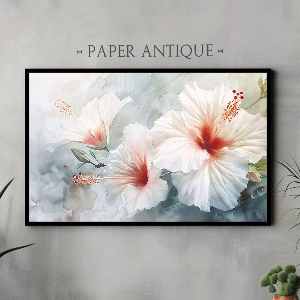Large White Hibiscus Flowers Soft Watercolor Botanical Poster