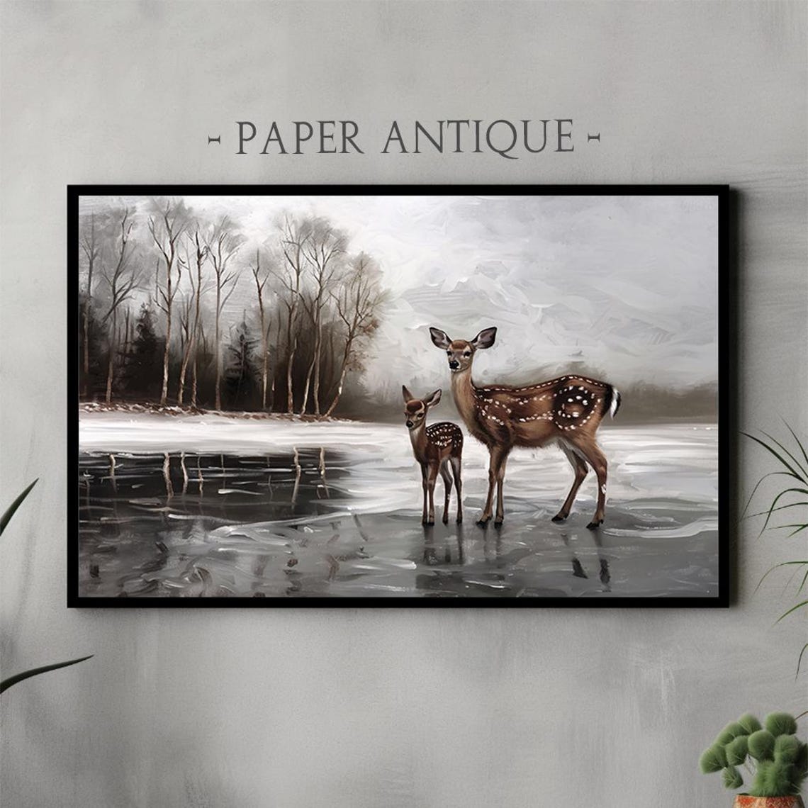 Deer with Fawn on Frozen Winter Lake in Winter Forest Poster