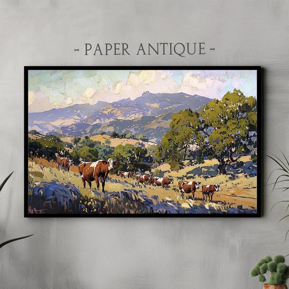 Art For Frame Tv Rustic Landscape Painting Cattle Grazing In Rolling Hills Western Country Scene With Earthy Tones Instant