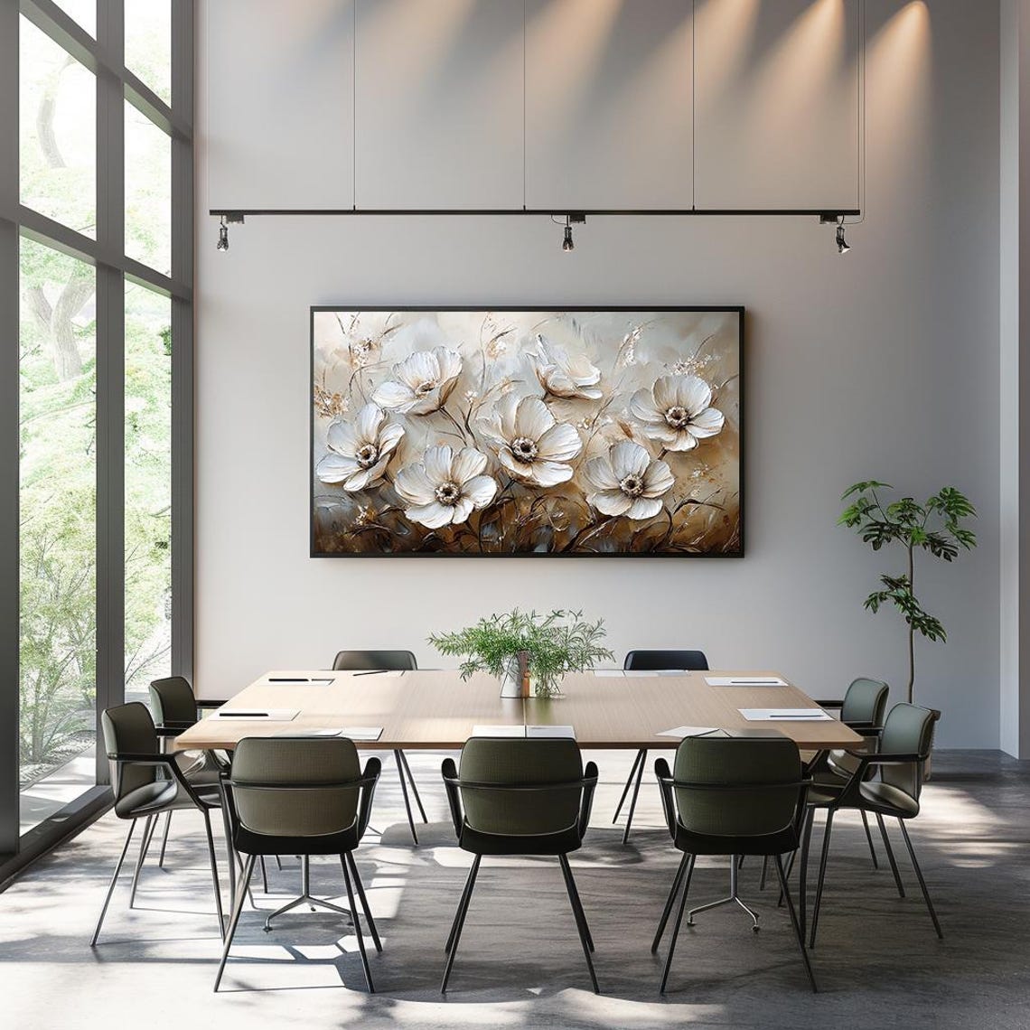 White Anemones Textured Impasto Warm Beige Floral Oil Painting Poster - Image 3