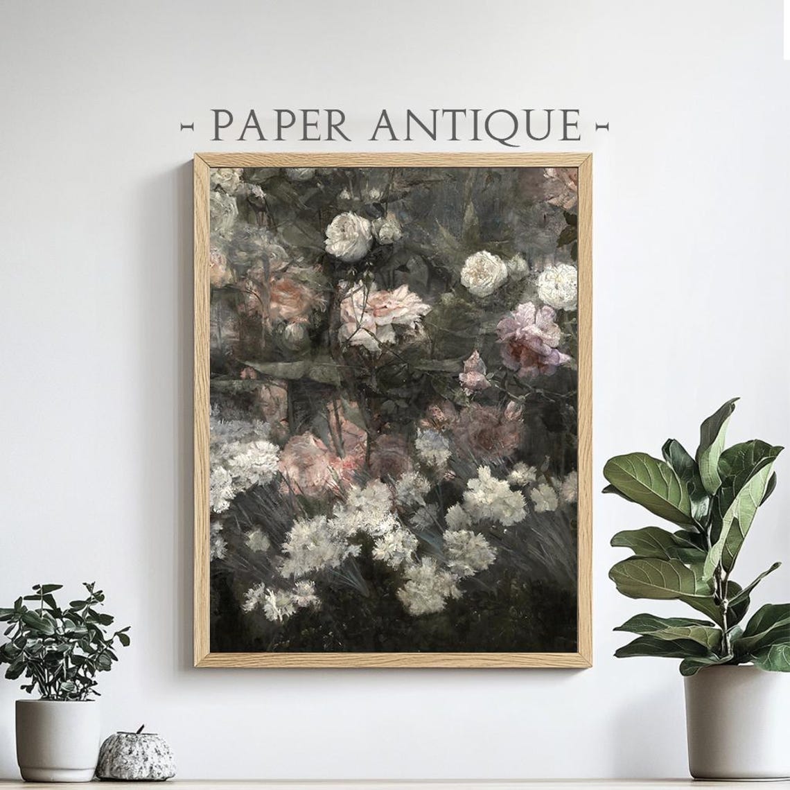 White And Pink Roses Dark Moody Vintage Floral Painting Poster
