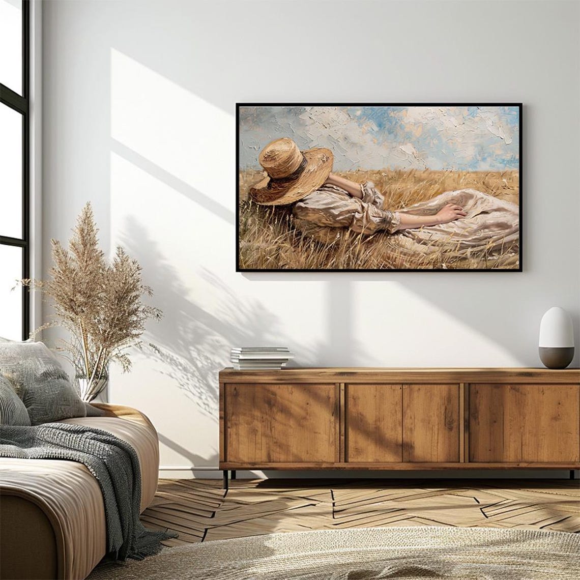 Woman Resting in Wheat Field Wearing Straw Hat Summer Poster - Image 4