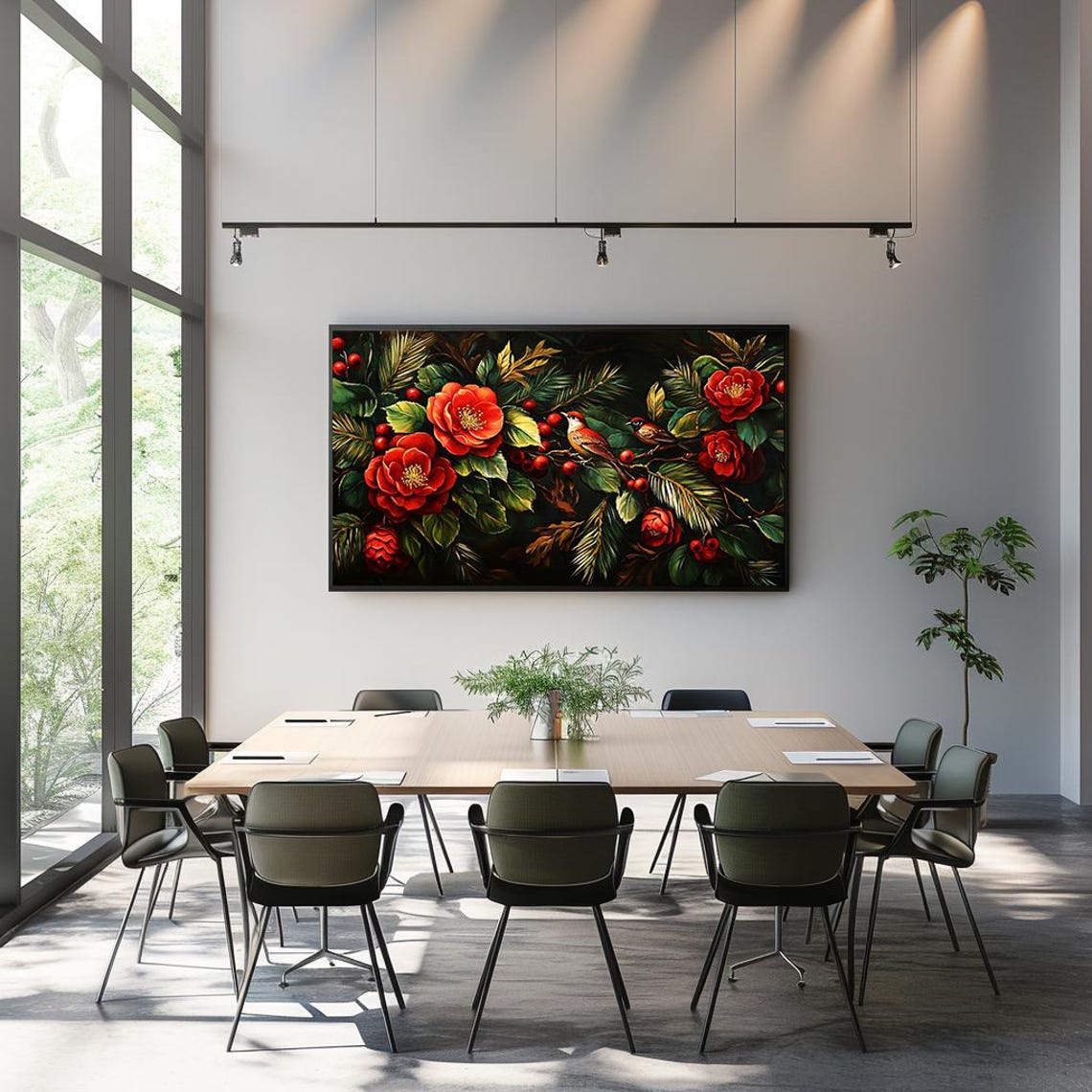 Red Camellias With Songbirds Moody Floral Panorama Painting Poster - Image 3