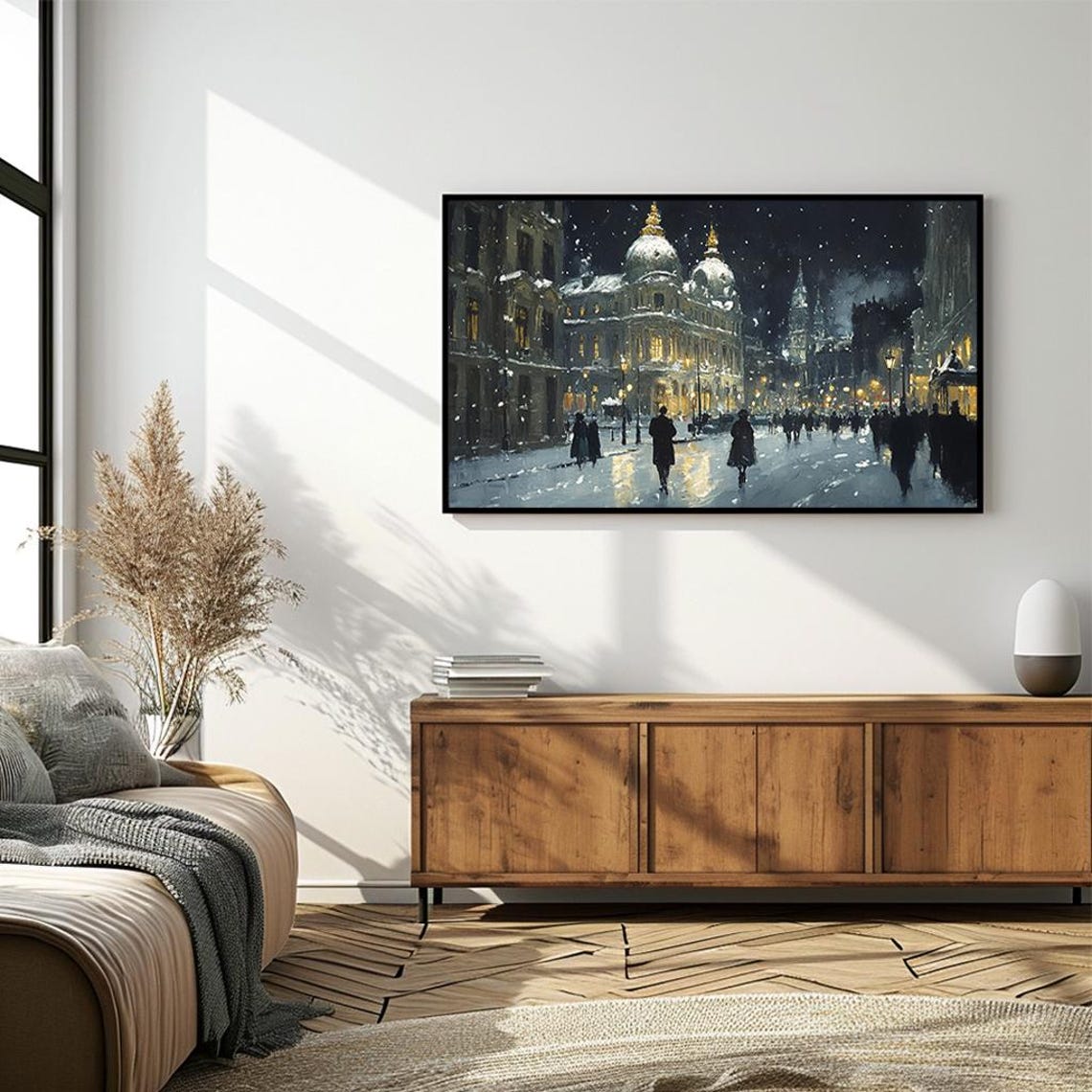 Snowfall In City Square Elegant Architecture Winter Night Scene Poster - Image 4