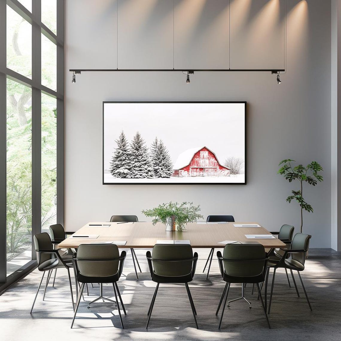 Snowy Red Barn With Evergreen Trees Bright Winter Panorama Poster - Image 3