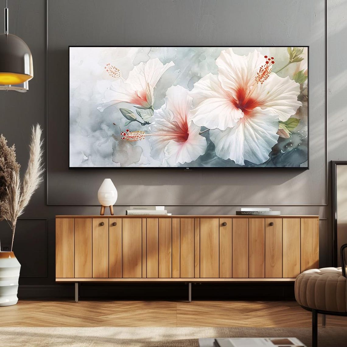 Large White Hibiscus Flowers Soft Watercolor Botanical Poster - Image 2