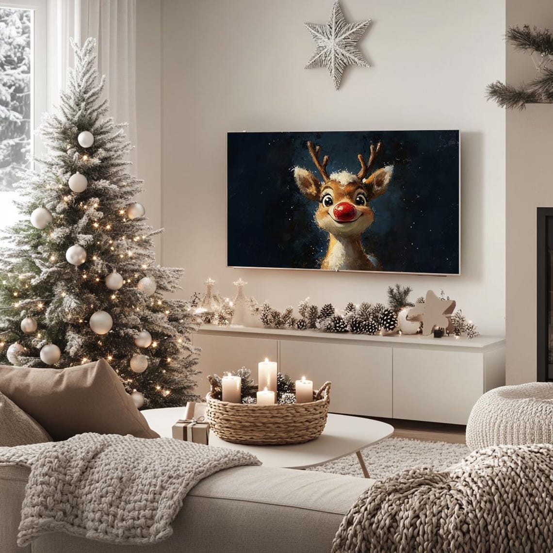 Smiling Red Nosed Reindeer Portrait Starry Christmas Art Poster - Image 5