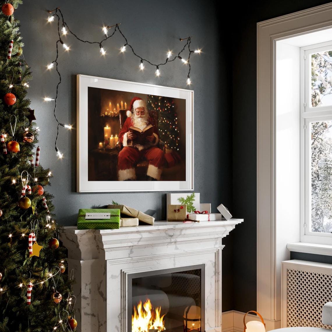 Santa Reading Candlelight Cozy Night Book Painting Christmas Poster - Image 2