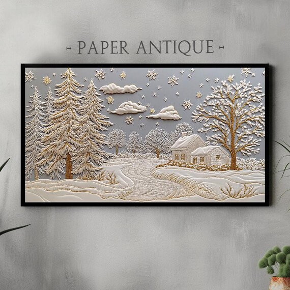 Embossed Winter Village Trees And Snow Gold Ivory Relief Art Poster