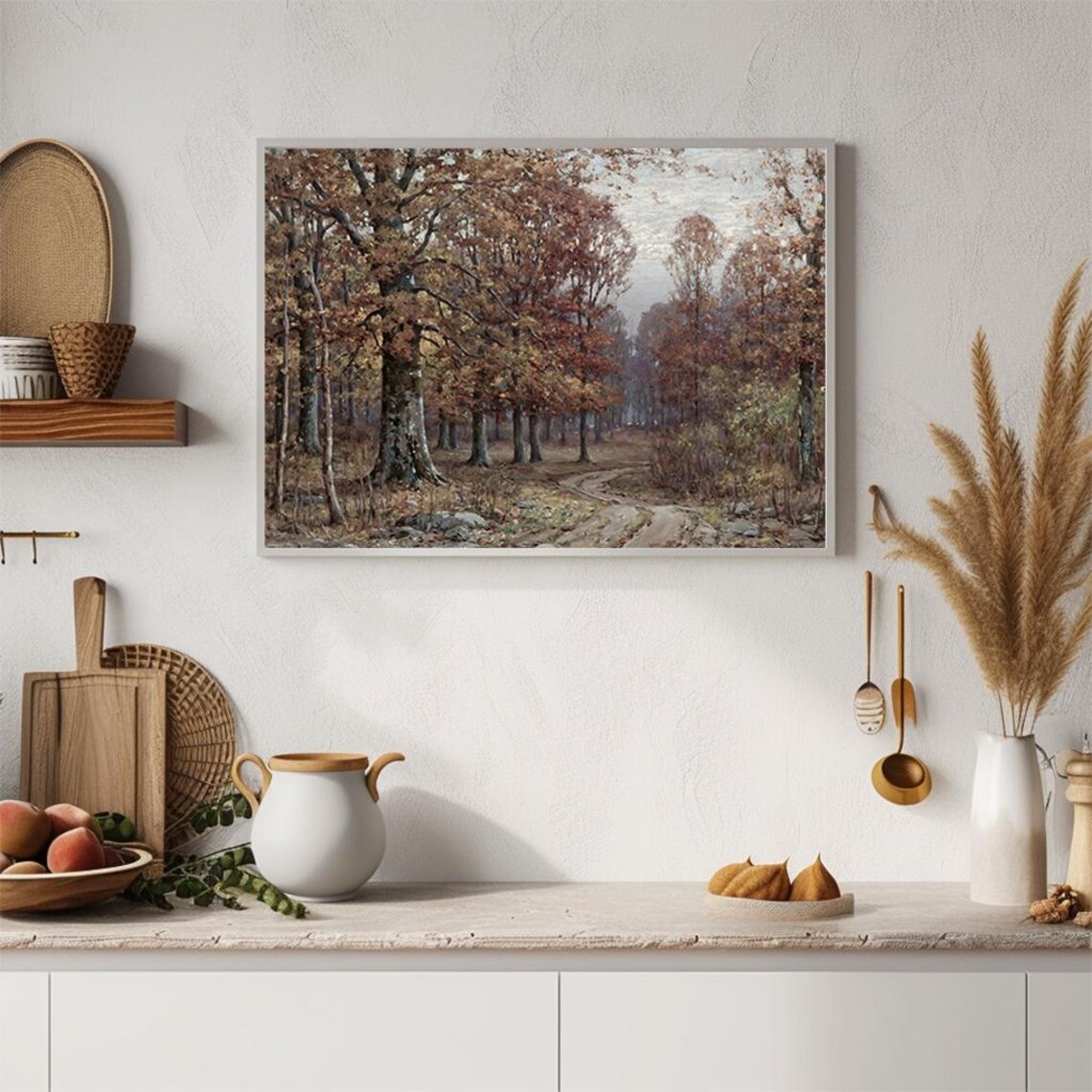Autumn Forest Path Tall Trees Dirt Road Golden Woodland Painting Poster - Image 4