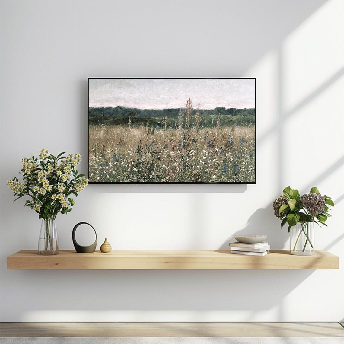 Wildflower Field With Lone Walker Muted Vintage Meadow Poster - Image 2