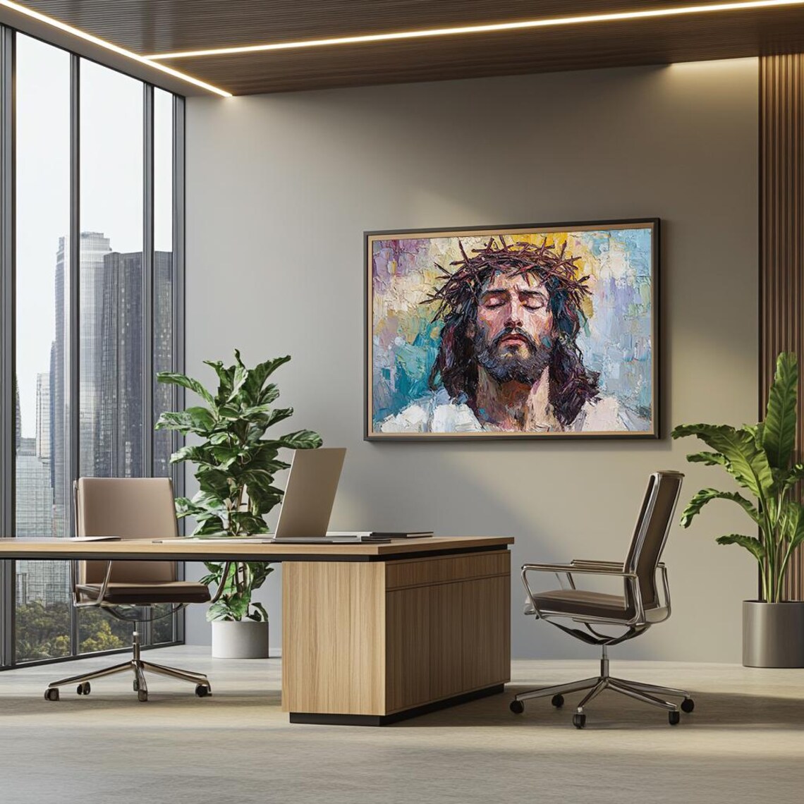 Jesus Crown of Thorns Colorful Impasto Portrait Religious Painting Poster - Image 3