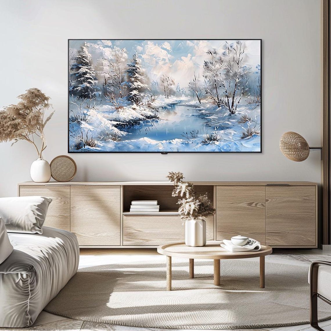 Frozen Blue River among Snowy Trees Winter Impasto Art Poster - Image 5