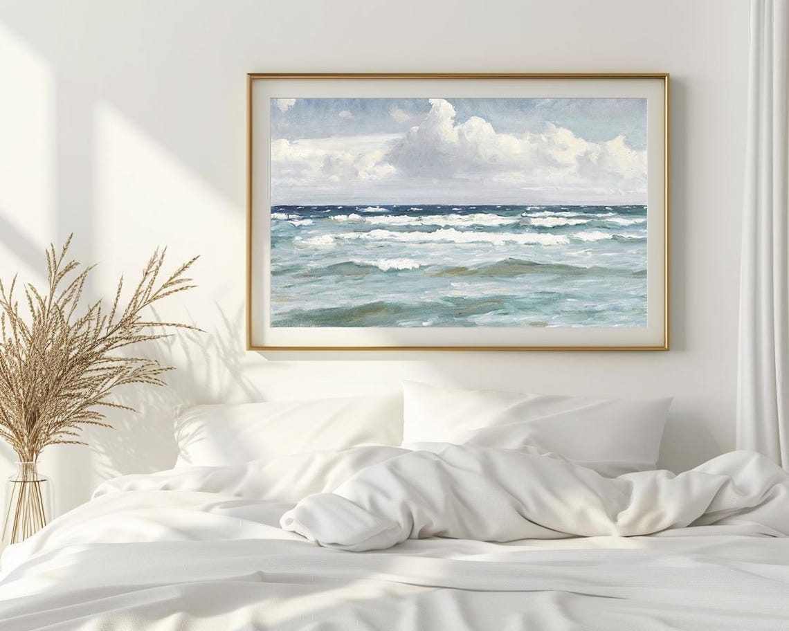 Ocean Waves Impressionist Seascape Blue Clouded Sky Painting Poster - Image 2