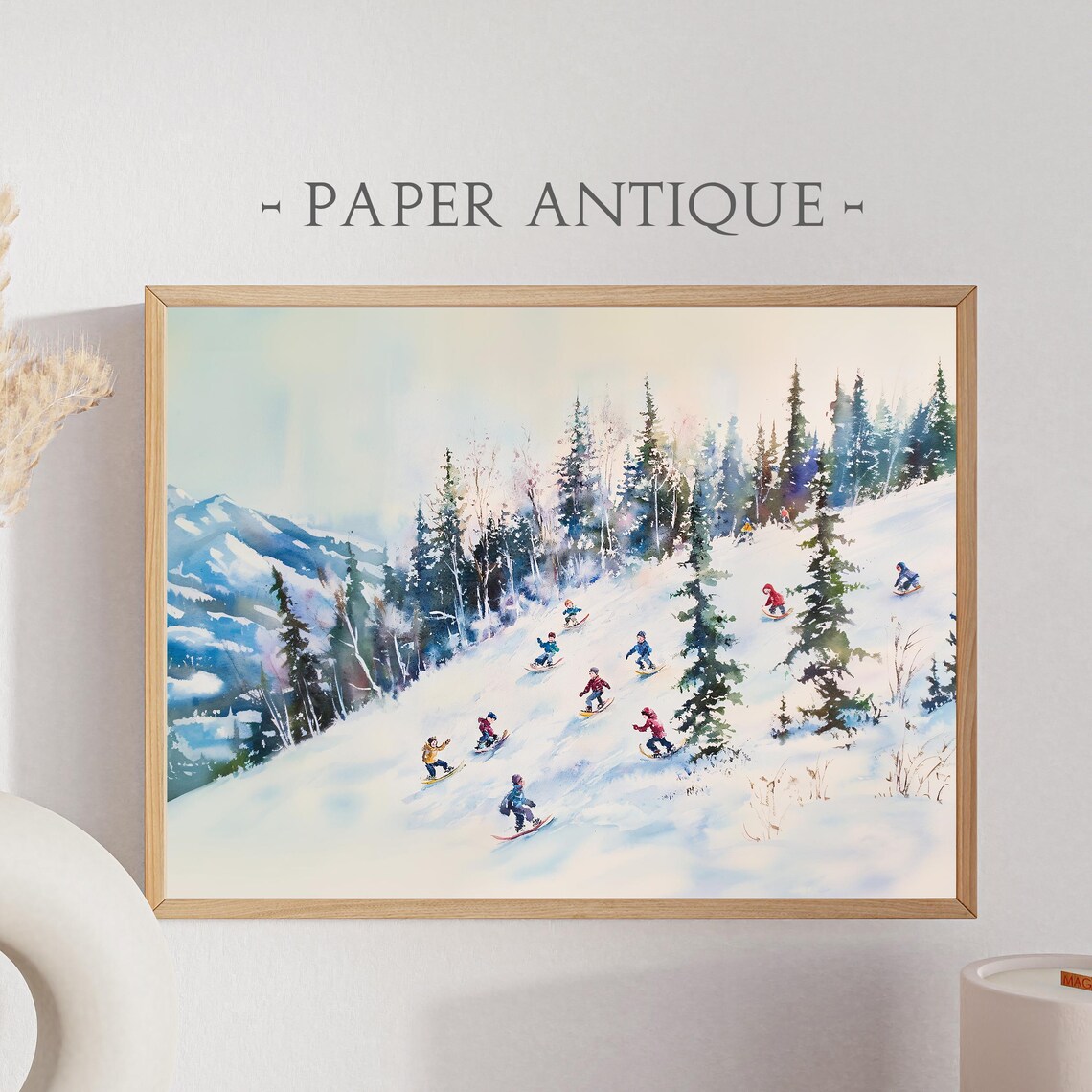 Skiers on Snowy Mountain Slope Watercolor Winter Sports Scene Poster