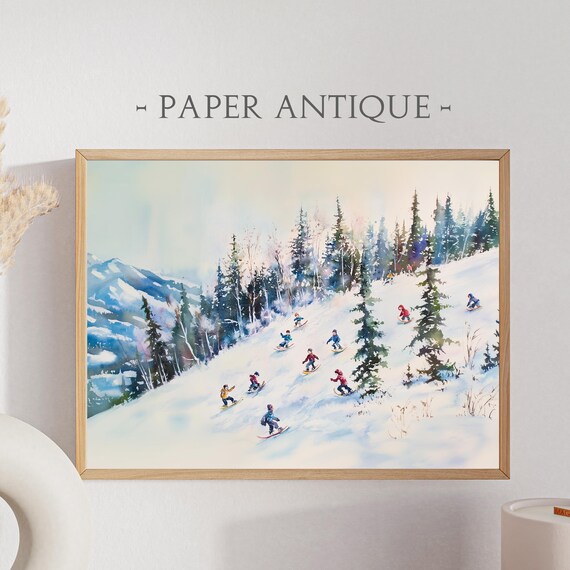 Skiers on Snowy Mountain Slope Watercolor Winter Sports Scene Poster