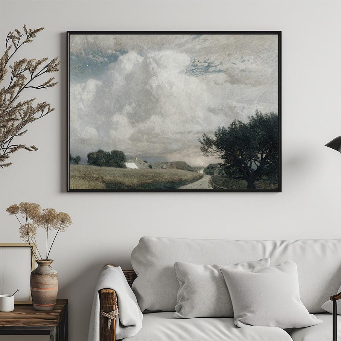 Country Road Farmhouses Dramatic Cloudy Sky Rural Painting Poster - Image 5