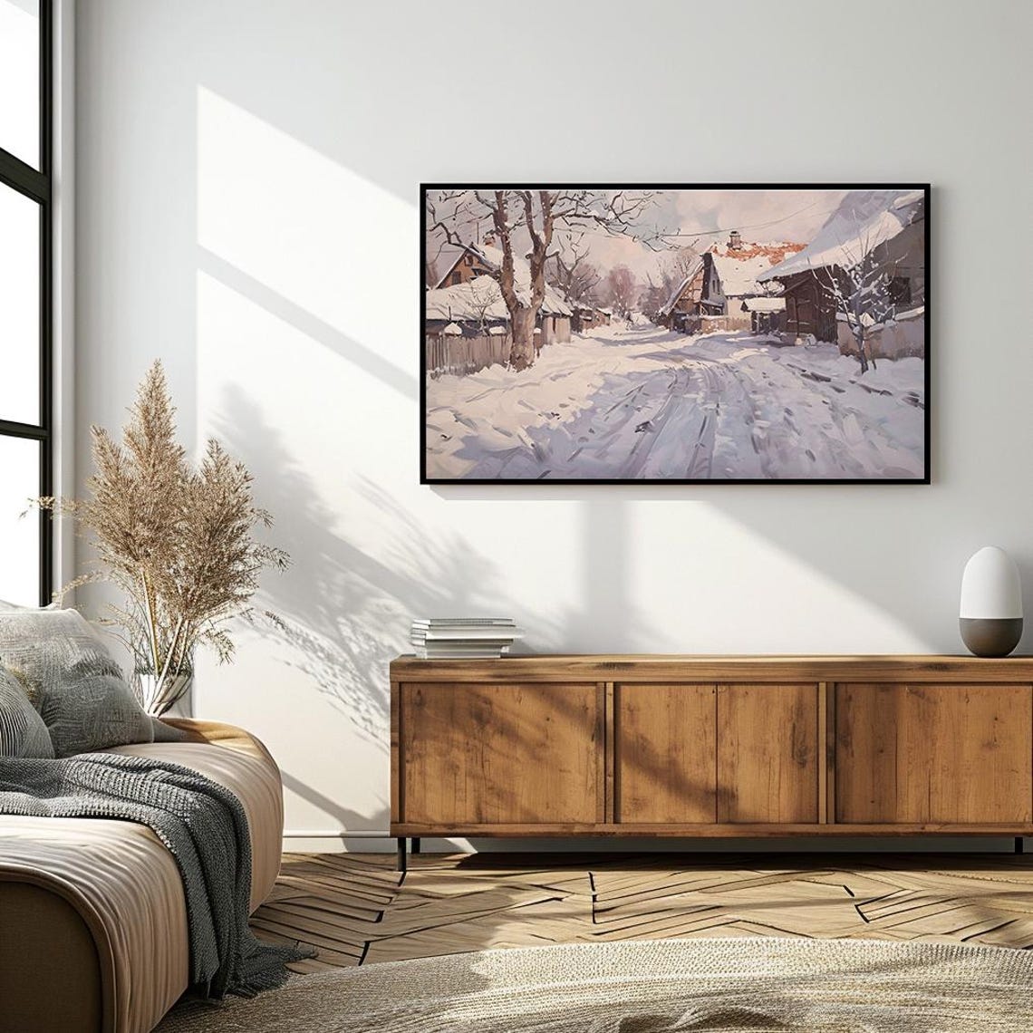 Quiet Snowy Village Street on a Winter Morning Cottage Art Poster - Image 4