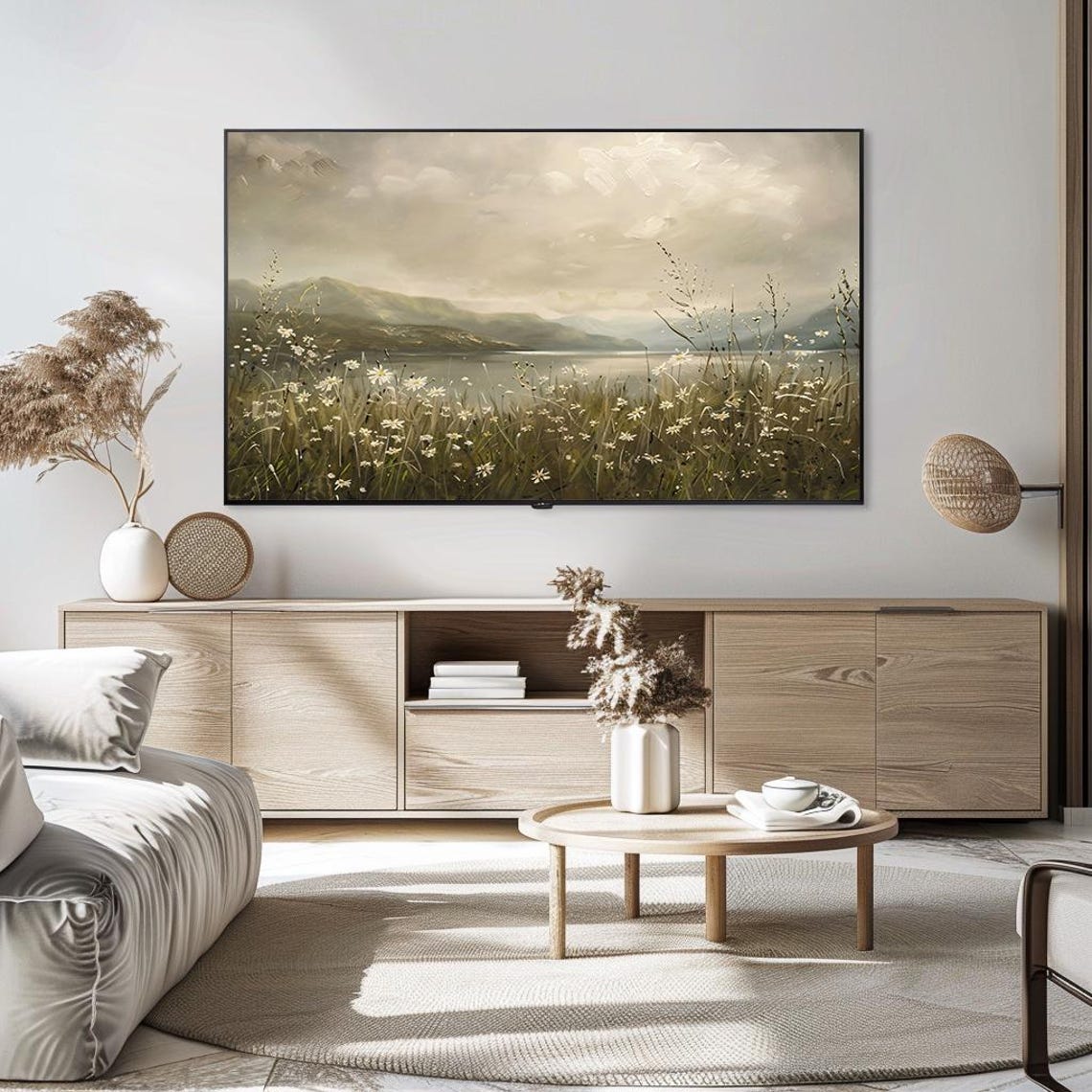 Wild Daisies by Misty Mountain Lake Vintage Landscape Poster - Image 5