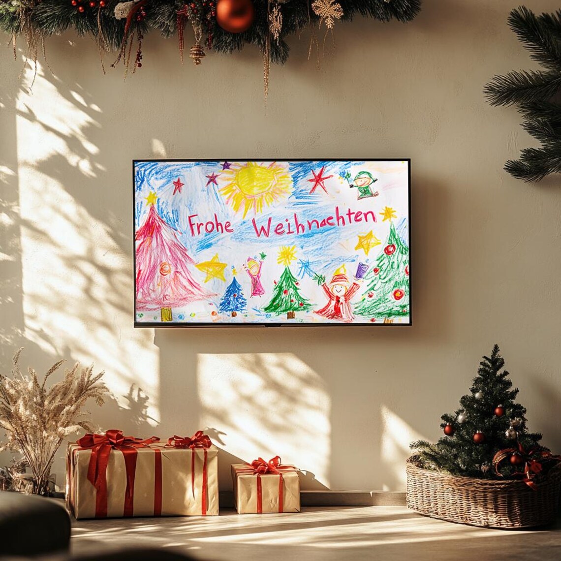 Colorful Christmas Drawing with Trees Stars Frohe Weihnachten Poster - Image 3