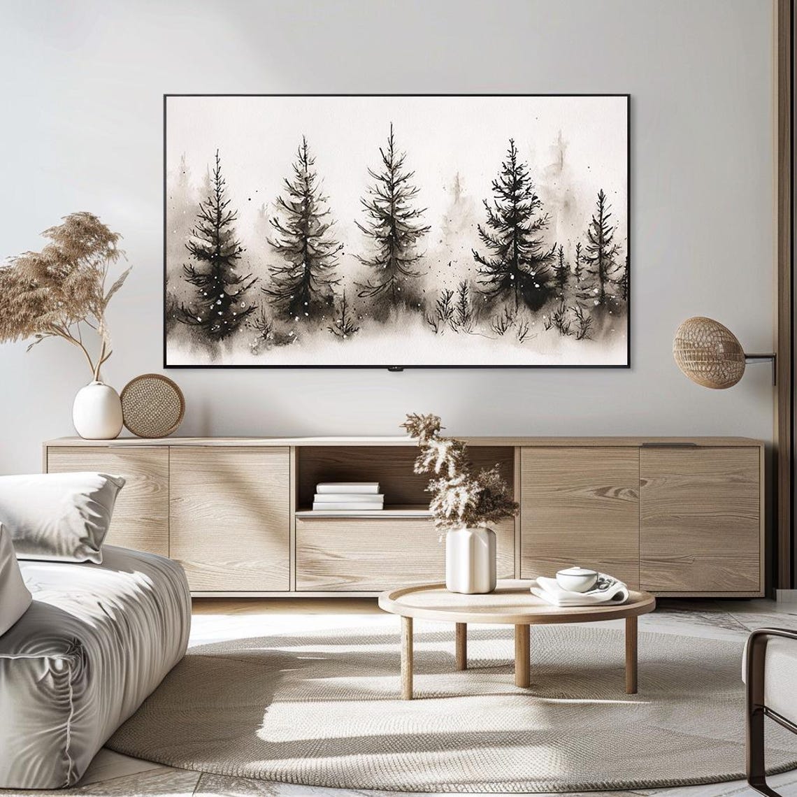 Minimalist Ink Wash Painting Pine Forest Mist Winter Art Poster - Image 5