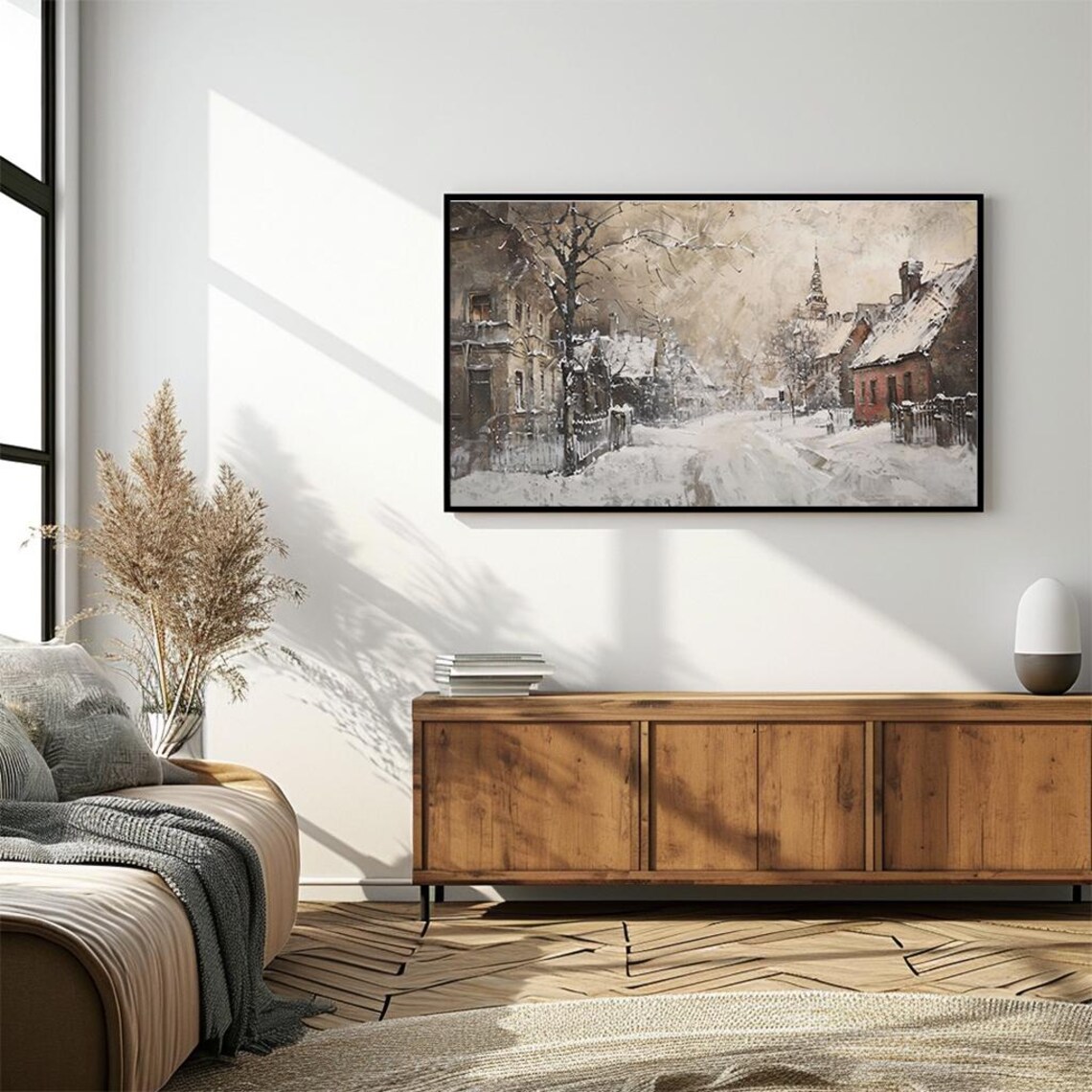 Snowy European Village Street Church Spire Winter Impressionist Poster - Image 4