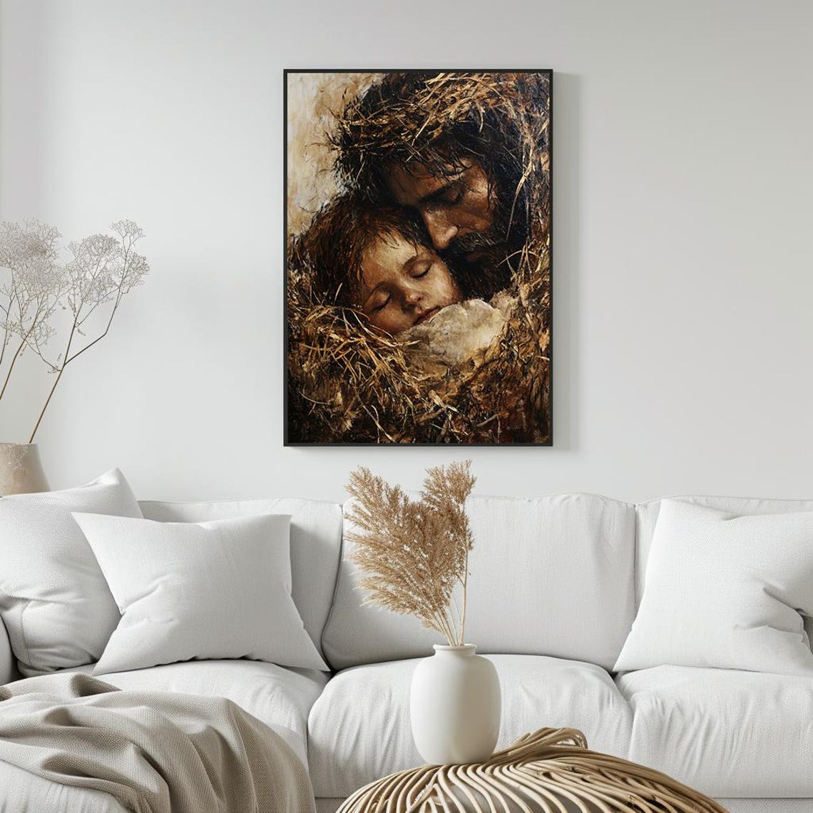 Saint Joseph Holding Baby Jesus Sleeping in the Manger Painting Poster - Image 5