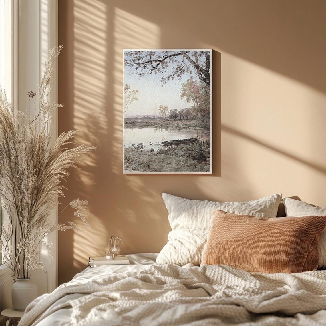 Serene Lakeside With Rowboat Rustic Watercolor Landscape Poster - Image 2