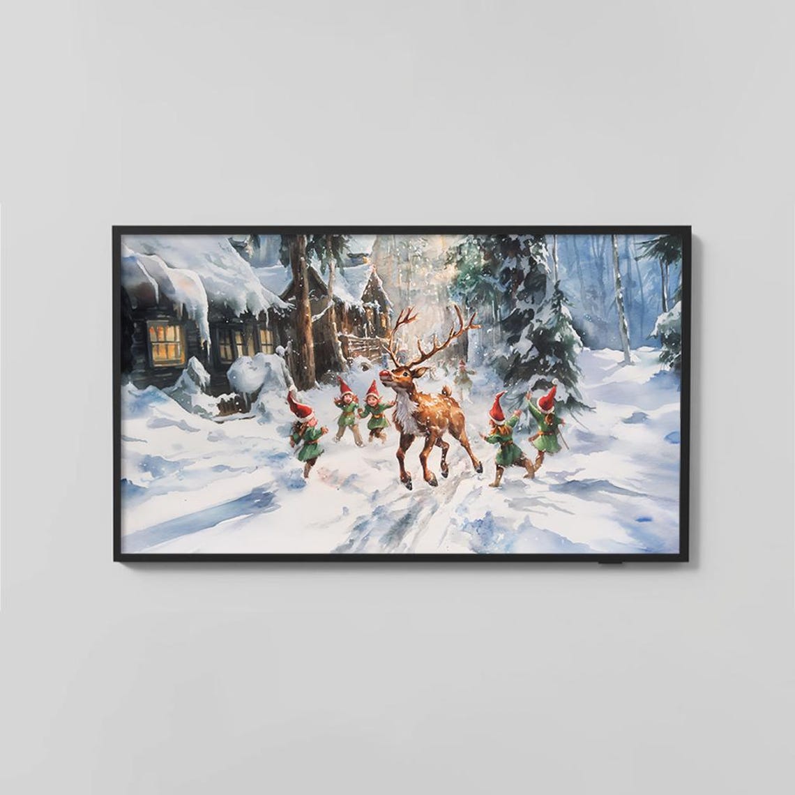 Reindeer and Elves in Snowy Forest Watercolor Christmas Poster - Image 2