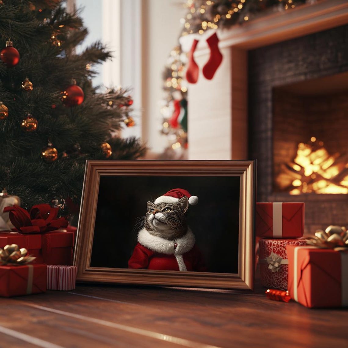 Tabby Cat Dressed as Santa Claus Funny Christmas Pet Portrait Poster - Image 3