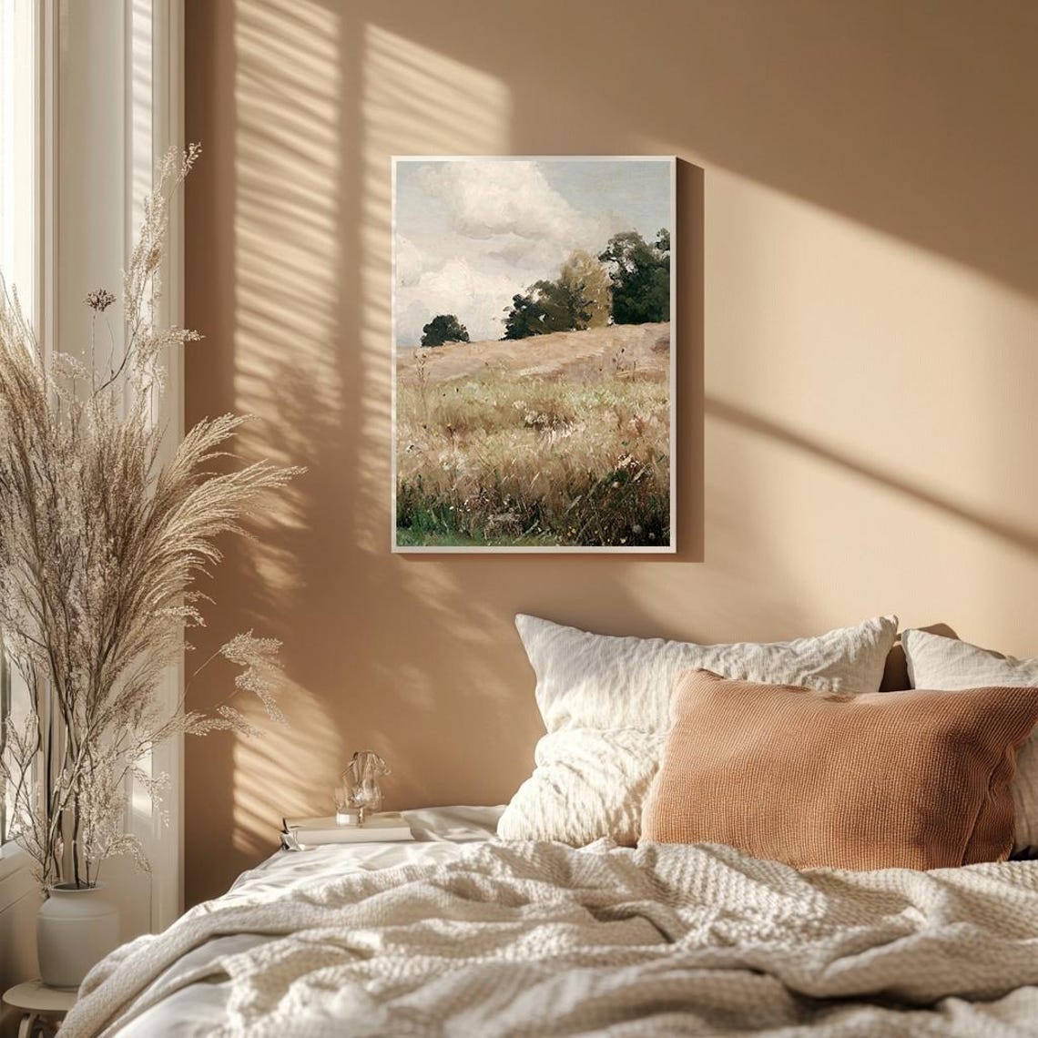 Golden Field Under Soft Clouds Peaceful Countryside Painting Poster - Image 2