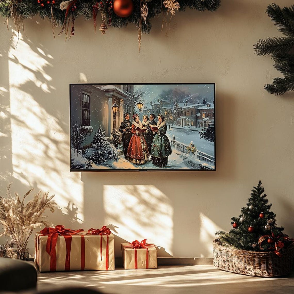 Victorian Carolers Snowy Night Vintage Christmas Street Scene Poster - Image 3